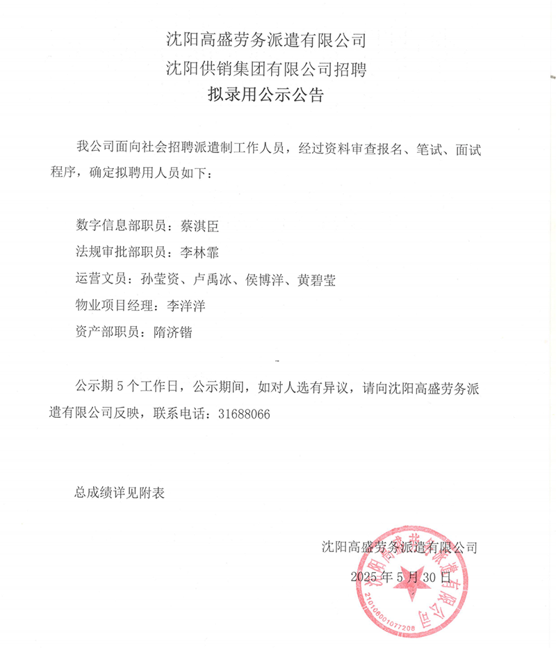 沈阳高盛劳务派遣有限公司 沈阳供销集团有限公司招聘 拟录用公示公告